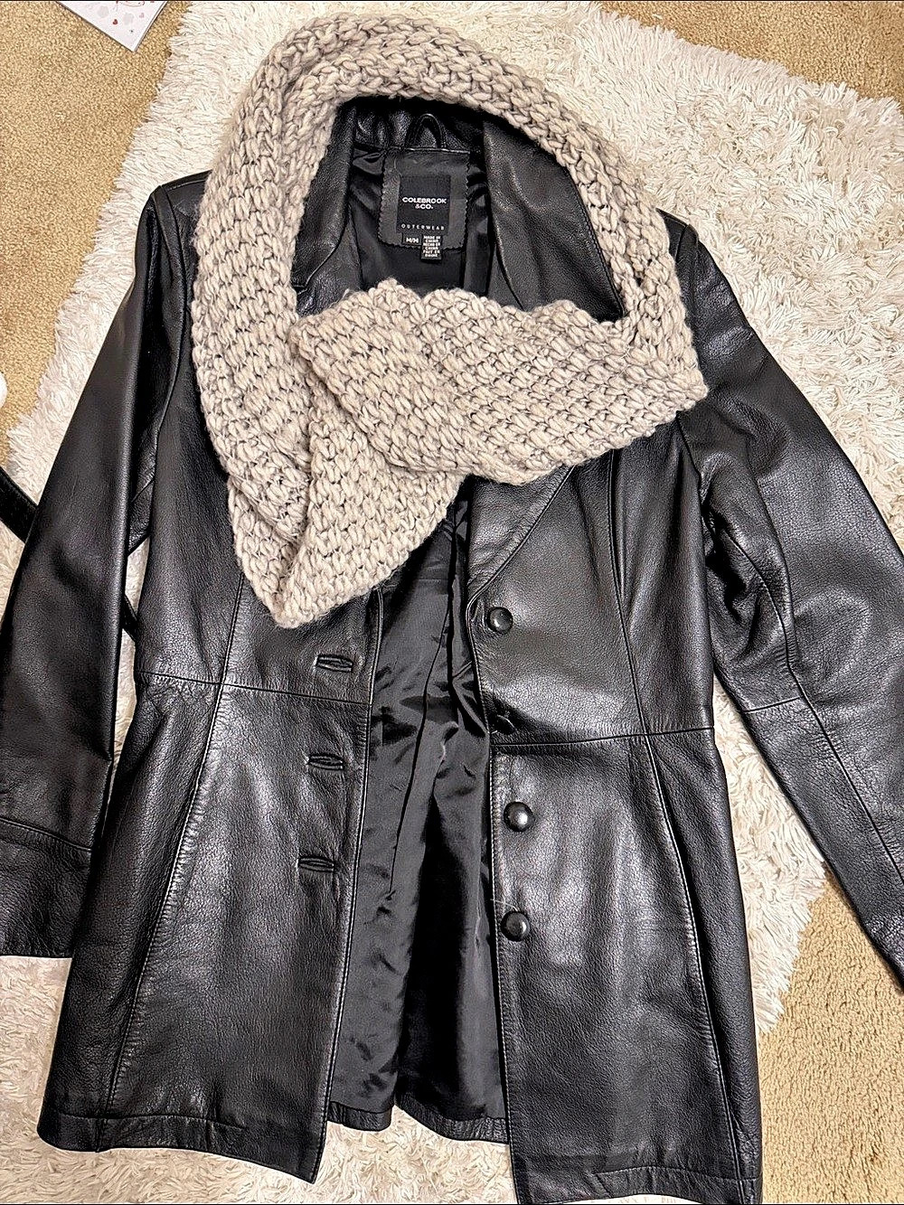 Colebrook & Co. Leather Belted Coat Black Size Medium with scarf 60